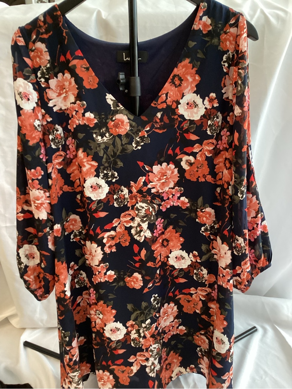 Lulu's Navy Floral Dress with Coral and Pink Blooms